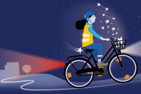 dessin jeune fille sur un  vélo bien éclairé dans la nuit